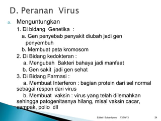 a. Menguntungkan
1. Di bidang Genetika :
a. Gen penyebab penyakit diubah jadi gen
penyembuh
b. Membuat peta kromosom
2. Di Bidang kedokteran :
a. Mengubah Bakteri bahaya jadi manfaat
b. Gen sakit jadi gen sehat
3. Di Bidang Farmasi :
a. Membuat Interferon : bagian protein dari sel normal
sebagai respon dari virus
b. Membuat vaksin : virus yang telah dilemahkan
sehingga patogenitasnya hilang, misal vaksin cacar,
campak, polio dll
13/09/13Edited Subardiyono 24
 