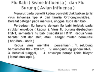 Menurut pada peneliti kedua penyakit diakibatkan jenis
virus influensa tipe A dari familia Orthomyxoviridae.
Bersifat patogen pada manusia, unggas, kuda dan babi.
Perbedaan flu burung dengan flu babi terletak pada
struktur envelope ( kapsul ). Virus flu burung disebabkan
H5N1, sementara flu babi disebabkan H1N1. Kedua Virus
bersifat drift dan shift, atau sangat mudah bermutasi
( berubah – ubah )
Kedua virus memiliki persamaan : 1. selubung
berdiameter 80 – 120 nm, 2. mengandung genom RNA,
3. beruntai tunggal, 4. envelope berupa lipida bilayer
( lemak dua lapis ),
13/09/13Edited Subardiyono 27
 