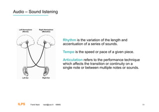 Audio – Sound listening




                                           Rhythm is the variation of the length and
                                           accentuation of a series of sounds.

                                           Tempo is the speed or pace of a given piece.

                                           Articulation refers to the performance technique
                                           which affects the transition or continuity on a
                                           single note or between multiple notes or sounds.




  ILPS   Frank Nack   nack@uva.nl   KBMS                                                      14
 