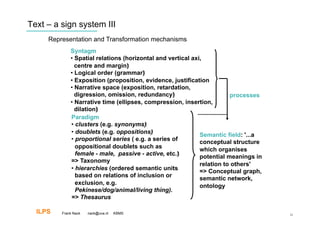 Text – a sign system III
     Representation and Transformation mechanisms
             Syntagm
             •  Spatial relations (horizontal and vertical axi,
               centre and margin)‫‏‬
             •  Logical order (grammar)‫‏‬
             •  Exposition (proposition, evidence, justification
             •  Narrative space (exposition, retardation,
               digression, omission, redundancy)‫‏‬                        processes
             •  Narrative time (ellipses, compression, insertion,
               dilation)‫‏‬
             Paradigm
             •  clusters (e.g. synonyms)‫‏‬
             •  doublets (e.g. oppositions)‫‏‬                  Semantic field: '...a
             •  proportional series ( e.g. a series of        conceptual structure
                oppositional doublets such as                 which organises
                female - male, passive - active, etc.)‫‏‬       potential meanings in
             => Taxonomy
                                                              relation to others'
             •  hierarchies (ordered semantic units           => Conceptual graph,
                based on relations of inclusion or            semantic network,
                exclusion, e.g.                               ontology
                Pekinese/dog/animal/living thing).
             => Thesaurus

  ILPS   Frank Nack   nack@uva.nl   KBMS                                              11
 