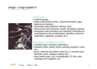 Image – a sign system II


                                    Social codes
                                    •  verbal language
                                    •  bodily codes (bodily contact, physical orientation, gaze,
                                      gestures and posture);
                                    •  commodity codes (fashions, clothing, cars);
                                    •  behavioural codes (protocols, rituals, role-playing, games)
                                    •  ideological codes (encoding' and 'decoding' information by
                                      using theories such as individualism, liberalism, feminism,
                                      materialism, capitalism, socialism, etc.)


                                    Syntagmatic - paradigmatic codes
                                    •  scientific codes, including mathematics;
                                    •  aesthetic codes (poetry, drama, painting, sculpture, music,
                                      etc.)
                                    •  genre, rhetorical and stylistic codes (e.g. in narrative: plot,
                                      character, action, dialogue, setting, etc.),
                                    •  mass media codes (e.g. in photography, TV, film, radio,
                                      newspaper and magazine, etc.)

  ILPS   Frank Nack   nack@uva.nl    KBMS                                                                26
 
