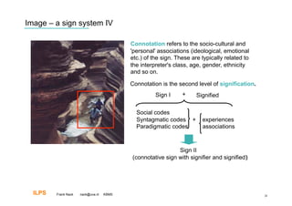 Image – a sign system IV

                                           Connotation refers to the socio-cultural and
                                           'personal' associations (ideological, emotional
                                           etc.) of the sign. These are typically related to
                                           the interpreter's class, age, gender, ethnicity
                                           and so on.

                                           Connotation is the second level of signification.
                                                     Sign I     +     Signified

                                             Social codes
                                             Syntagmatic codes +        experiences
                                             Paradigmatic codes         associations



                                                             Sign II
                                           (connotative sign with signifier and signified)‫‏‬




  ILPS   Frank Nack   nack@uva.nl   KBMS                                                       28
 