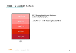 Image – Description methods



                                            MPEG describes this standard as a
                 MPEG-21                    multimedia framework.

                                            A multimedia content description standard.
                MPEG-7


                 MPEG-4


                MPEG-2


                 MPEG-1


                      ISO




  ILPS   Frank Nack    nack@uva.nl   KBMS                                                34
 