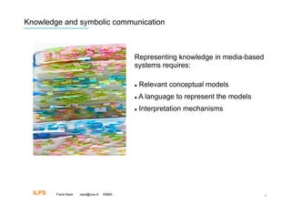 Knowledge and symbolic communication



                                           Representing knowledge in media-based
                                           systems requires:

                                               Relevant conceptual models
                                               A language to represent the models
                                               Interpretation mechanisms




  ILPS   Frank Nack   nack@uva.nl   KBMS                                             5
 