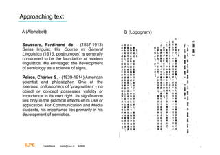 Approaching text

A (Alphabet)‫‏‬                                       B (Logogram)‫‏‬

 Saussure, Ferdinand de - (1857-1913)
 Swiss linguist. His Course in General
 Linguistics (1916, posthumous) is generally
 considered to be the foundation of modern
 linguistics. He envisaged the development
 of semiology as a science of signs.

 Peirce, Charles S. - (1839-1914) American
 scientist and philosopher. One of the
 foremost philosophers of 'pragmatism' - no
 object or concept possesses validity or
 importance in its own right. Its significance
 lies only in the practical effects of its use or
 application. For Communication and Media
 students, his importance lies primarily in his
 development of semiotics.




  ILPS       Frank Nack   nack@uva.nl   KBMS                        7
 