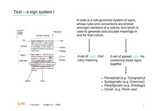Text – a sign system I
                                           A code is a rule-governed system of signs,
                                           whose rules and conventions are shared
                                           amongst members of a culture, and which is
                                           used to generate and circulate meanings in
                                           and for that culture.




                                           A set of signs that       A set of agreed rules for
                                           carry meaning.            combining those signs
                                                                     together



                                                                Perceptual (e.g. Typography)‫‏‬
                                                                Syntagmatic (e.g. Grammar)‫‏‬
                                                                Paradigmatic (e.g. Ontology)‫‏‬
                                                                Social (e.g. Word use)‫‏‬



  ILPS   Frank Nack   nack@uva.nl   KBMS                                                    9
 