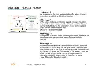 AUTEUR – Humour Planner
                                   H-Strategy 1
                                   An action forms the most suitable subject for a joke, then an
                                   actor, then an object, and finally a location.

                                   H-Strategy 2
                                   If the action portrays an intention [goal], interrupt the action
                                   in a way that is unexpected by the character, so that the goal
                                   cannot be fulfilled and the character's mood is downgraded
                                   or he or she suffers in some way.
                                   (Mischief + Schadenfreude)‫‏‬

                                   H-Strategy 16
                                   A sequence of actions that is meaningful is more preferable for
                                   the construction of jokes than a sequence of unrelated
                                   actions.

                                   H-Strategy 24
                                   A relationship between two oppositional characters should be
                                   established in such a way that the goal of one character is to
                                   interrupt the goal of the other in such a way, that is unexpected
                                   by the second character. The reaction of the second character
                                   must then be influenced by the first so that the second
                                   character's mood is downgraded or he suffers in some
                                    way. (Mischief + Schadenfreude).


 ILPS       Frank Nack   nack@uva.nl   KBMS                                                     29
 
