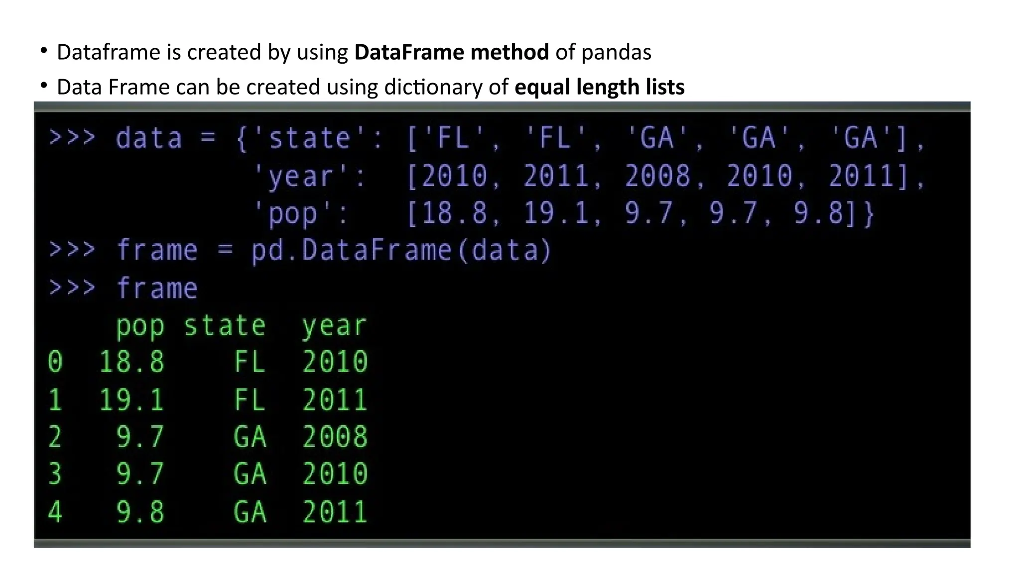 • Dataframe is created by using DataFrame method of pandas
• Data Frame can be created using dictionary of equal length lists
 