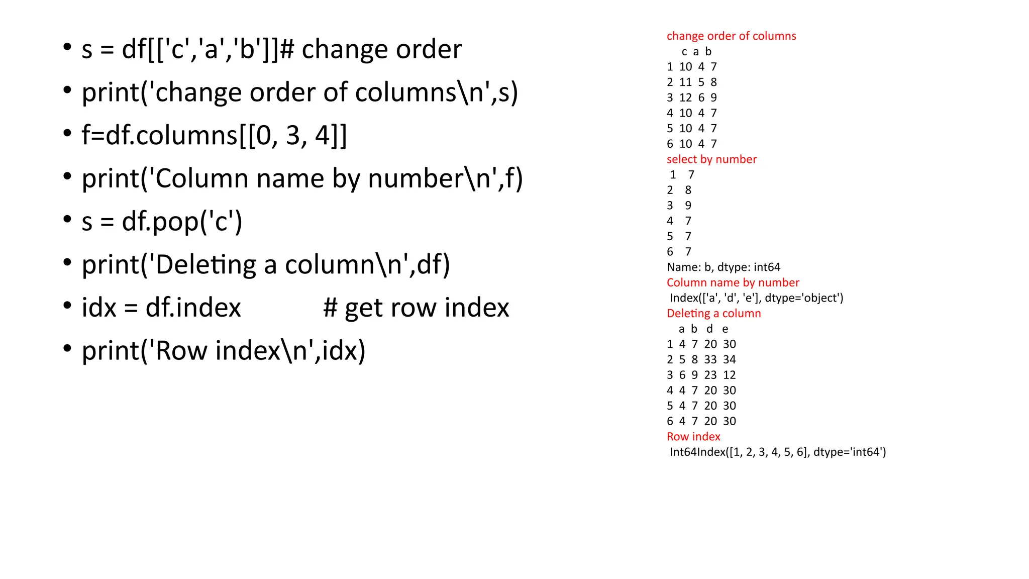 • s = df[['c','a','b']]# change order
• print('change order of columnsn',s)
• f=df.columns[[0, 3, 4]]
• print('Column name by numbern',f)
• s = df.pop('c')
• print('Deleting a columnn',df)
• idx = df.index # get row index
• print('Row indexn',idx)
change order of columns
c a b
1 10 4 7
2 11 5 8
3 12 6 9
4 10 4 7
5 10 4 7
6 10 4 7
select by number
1 7
2 8
3 9
4 7
5 7
6 7
Name: b, dtype: int64
Column name by number
Index(['a', 'd', 'e'], dtype='object')
Deleting a column
a b d e
1 4 7 20 30
2 5 8 33 34
3 6 9 23 12
4 4 7 20 30
5 4 7 20 30
6 4 7 20 30
Row index
Int64Index([1, 2, 3, 4, 5, 6], dtype='int64')
 