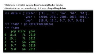 • Dataframe is created by using DataFrame method of pandas
• Data Frame can be created using dictionary of equal length lists
 