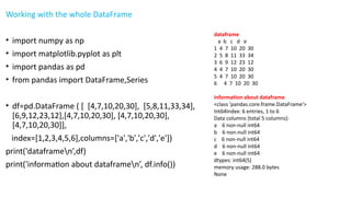 Working with the whole DataFrame
• import numpy as np
• import matplotlib.pyplot as plt
• import pandas as pd
• from pandas import DataFrame,Series
• df=pd.DataFrame ( [ [4,7,10,20,30], [5,8,11,33,34],
[6,9,12,23,12],[4,7,10,20,30], [4,7,10,20,30],
[4,7,10,20,30]],
index=[1,2,3,4,5,6],columns=['a','b','c','d','e'])
print('dataframen’,df)
print('information about dataframen’, df.info())
dataframe
a b c d e
1 4 7 10 20 30
2 5 8 11 33 34
3 6 9 12 23 12
4 4 7 10 20 30
5 4 7 10 20 30
6 4 7 10 20 30
information about dataframe
<class 'pandas.core.frame.DataFrame'>
Int64Index: 6 entries, 1 to 6
Data columns (total 5 columns):
a 6 non-null int64
b 6 non-null int64
c 6 non-null int64
d 6 non-null int64
e 6 non-null int64
dtypes: int64(5)
memory usage: 288.0 bytes
None
 