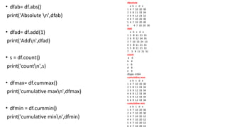 • dfab= df.abs()
print('Absolute n',dfab)
• dfad= df.add(1)
print('Addn',dfad)
• s = df.count()
print('countn',s)
• dfmax= df.cummax()
print('cumulative maxn',dfmax)
• dfmin = df.cummin()
print('cumulative minn',dfmin)
Absolute
a b c d e
1 4 7 10 20 30
2 5 8 11 33 34
3 6 9 12 23 12
4 4 7 10 20 30
5 4 7 10 20 30
6 4 7 10 20 30
Add
a b c d e
1 5 8 11 21 31
2 6 9 12 34 35
3 7 10 13 24 13
4 5 8 11 21 31
5 5 8 11 21 31
7 5 8 11 21 31
count
a 6
b 6
c 6
d 6
e 6
dtype: int64
cumulative max
a b c d e
1 4 7 10 20 30
2 5 8 11 33 34
3 6 9 12 33 34
4 6 9 12 33 34
5 6 9 12 33 34
6 6 9 12 33 34
cumulative min
a b c d e
1 4 7 10 20 30
2 4 7 10 20 30
3 4 7 10 20 12
4 4 7 10 20 12
5 4 7 10 20 12
6 4 7 10 20 12
 