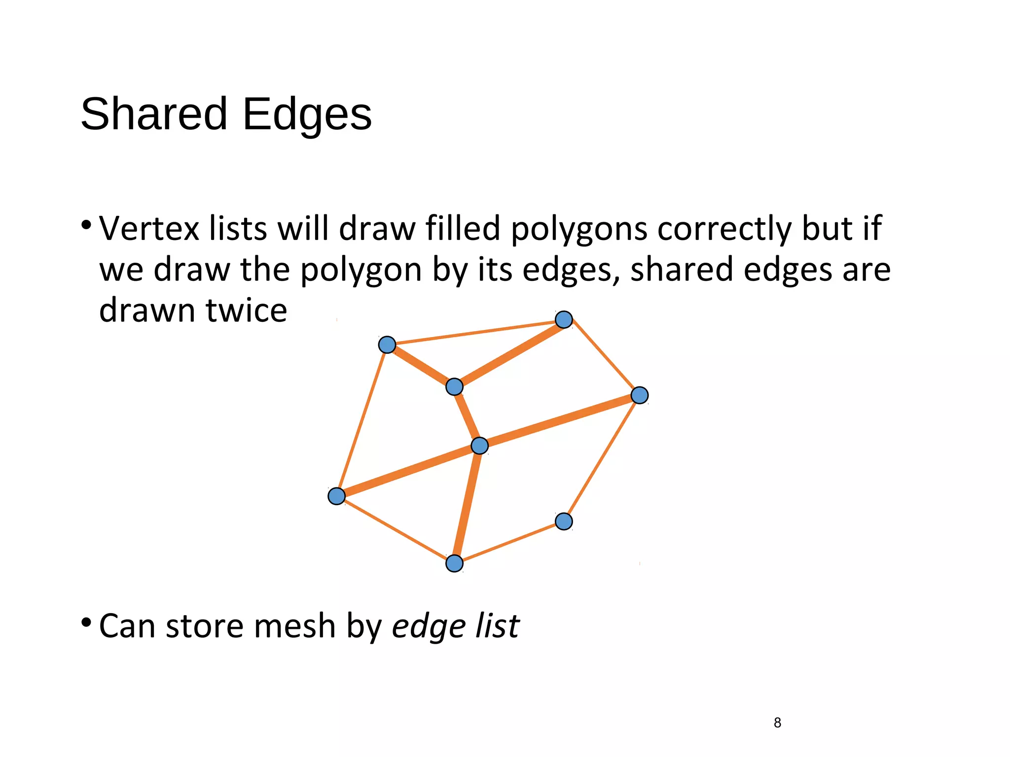 Shared Edges
•Vertex lists will draw filled polygons correctly but if
we draw the polygon by its edges, shared edges are
drawn twice
•Can store mesh by edge list
8
 