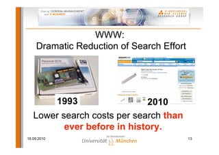 WWW:
    Dramatic Reduction of Search Effort




             1993            2010
   Lower search costs per search than
          ever before in history.
18.09.2010                                13
 