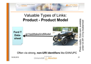 Valuable Types of Links:
             Product - Product Model




                                                             Photo credits: Flickr.com, available
                                                              under CC BY 2.0 by bsabarnowl
   Ford T
   Data-      gr:hasMakeAndModel
   sheet




       Often via strong, non-URI identifiers like EAN/UPC
18.09.2010                                                  21
 