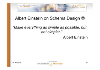 Albert Einstein on Schema Design

"Make everything as simple as possible, but
                not simpler.“
                              Albert Einstein




18.09.2010                                 27
 