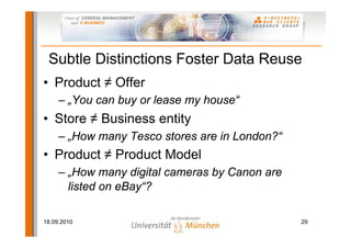 Subtle Distinctions Foster Data Reuse
• Product      Offer
     – „You can buy or lease my house“
• Store      Business entity
     – „How many Tesco stores are in London?“
• Product      Product Model
     – „How many digital cameras by Canon are
       listed on eBay“?

18.09.2010                                      29
 