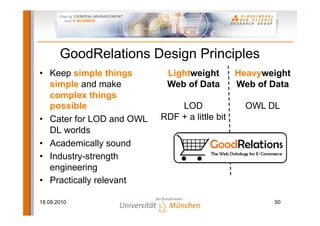 GoodRelations Design Principles
• Keep simple things       Lightweight         Heavyweight
  simple and make          Web of Data         Web of Data
  complex things
  possible                    LOD                OWL DL
• Cater for LOD and OWL   RDF + a little bit
  DL worlds
• Academically sound
• Industry-strength
  engineering
• Practically relevant

18.09.2010                                            50
 