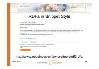 RDFa in Snippet Style




    http://www.ebusiness-unibw.org/tools/rdf2rdfa/
18.09.2010                                           53
 