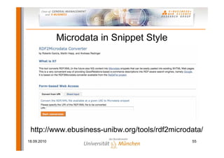 Microdata in Snippet Style




 http://www.ebusiness-unibw.org/tools/rdf2microdata/
18.09.2010                                      55
 
