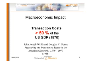 Macroeconomic Impact

                   Transaction Costs:
                     > 50 % of the
                     US GDP (1970)
             John Joseph Wallis and Douglas C. North:
              Measuring the Transaction Sector in the
                 American Economy, 1870 – 1970
                              (1986)
18.09.2010                                              6
 
