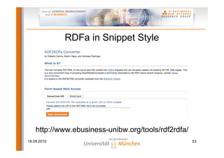 RDFa in Snippet Style




    http://www.ebusiness-unibw.org/tools/rdf2rdfa/
18.09.2010                                   ...
