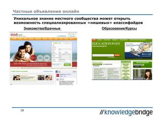 18
Частные объявления онлайн
Уникальное знание местного сообщества может открыть
возможность специализированных «нишевых» классифайдов
Знакомства/Брачные Образование/Курсы
 