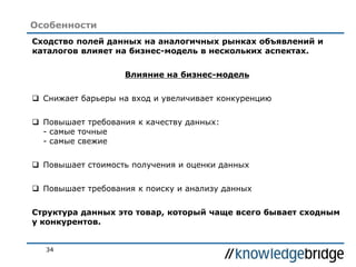 34
Особенности
Сходство полей данных на аналогичных рынках объявлений и
каталогов влияет на бизнес-модель в нескольких аспектах.
Влияние на бизнес-модель
 Снижает барьеры на вход и увеличивает конкуренцию
 Повышает требования к качеству данных:
- самые точные
- самые свежие
 Повышает стоимость получения и оценки данных
 Повышает требования к поиску и анализу данных
Структура данных это товар, который чаще всего бывает сходным
у конкурентов.
 
