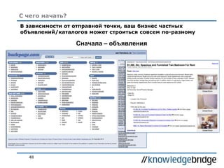 48
С чего начать?
В зависимости от отправной точки, ваш бизнес частных
объявлений/каталогов может строиться совсем по-разному
Сначала – объявления
 
