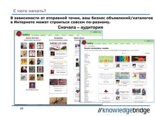 49
С чего начать?
В зависимости от отправной точки, ваш бизнес объявлений/каталогов
в Интернете может строиться совсем по-разному.
Сначала – аудитория
 