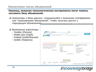 59
Увеличение числа объявлений
Наконец, внешние технологические инструменты могут помочь
составить базу объявлений.
 Агрегаторы и базы данных: сотрудничайте с внешними платформами
или "поисковиками объявлений", чтобы получать доступ к
подходящим объявлениям.
 Возможные агрегаторы:
- Yandex (Россия)
- Oodle.com (США)
- Indeed (США/Япония)
- Jooble (Украина)
 