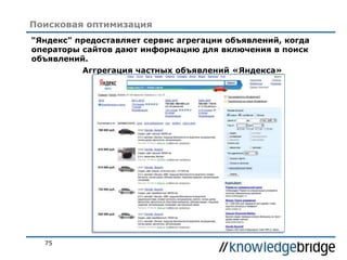 75
Поисковая оптимизация
"Яндекс" предоставляет сервис агрегации объявлений, когда
операторы сайтов дают информацию для включения в поиск
объявлений.
Аггрегация частных объявлений «Яндекса»
Yandex Classified Aggregation
 