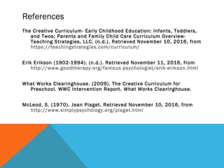References
The Creative Curriculum- Early Childhood Education: Infants, Toddlers,
and Twos; Parents and Family Child Care Curriculum Overview-
Teaching Strategies, LLC. (n.d.). Retrieved November 10, 2016, from
https://teachingstrategies.com/curriculum/
Erik Erikson (1902-1994). (n.d.). Retrieved November 11, 2016, from
http://www.goodtherapy.org/famous-psychologist/erik-erikson.html
What Works Clearinghouse. (2009). The Creative Curriculum for
Preschool. WWC Intervention Report. What Works Clearinghouse.
McLeod, S. (1970). Jean Piaget. Retrieved November 10, 2016, from
http://www.simplypsychology.org/piaget.html
 