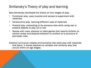 Smilansky’s Theory of play and learning
Sara Smilansky developed her theory on four stages of play.
• Functional play- uses muscles and senses to experiment with
materials
• Constructive play- learning different uses of materials
• Pretend play- pretending to be someone else while using real or
pretend objects to play out a role
• Games with rules- physical or table games that require children to
control verbal and physical behavior to conform to a structure of
pre-made rules
Creative curriculum creates environments that allow play with materials
and peers. It allows teachers to validate and reinforce play that
occurs within all age stages.
 