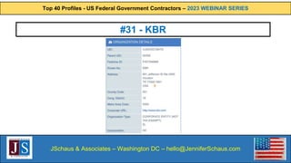 Top 40 Profiles - US Federal Government Contractors – 2023 WEBINAR SERIES
JSchaus & Associates – Washington DC – hello@JenniferSchaus.com
#31 - KBR
 