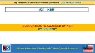 Top 40 Profiles - US Federal Government Contractors – 2023 WEBINAR SERIES
JSchaus & Associates – Washington DC – hello@JenniferSchaus.com
#31 - KBR
SUBCONTRACTS AWARDED BY KBR
BY INDUSTRY
 