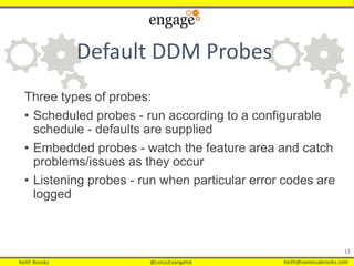 Keith Brooks @LotusEvangelist Keith@vanessabrooks.comKeith Brooks @LotusEvangelist Keith@vanessabrooks.com
Default DDM Probes
Three types of probes:
• Scheduled probes - run according to a configurable
schedule - defaults are supplied
• Embedded probes - watch the feature area and catch
problems/issues as they occur
• Listening probes - run when particular error codes are
logged
11
 