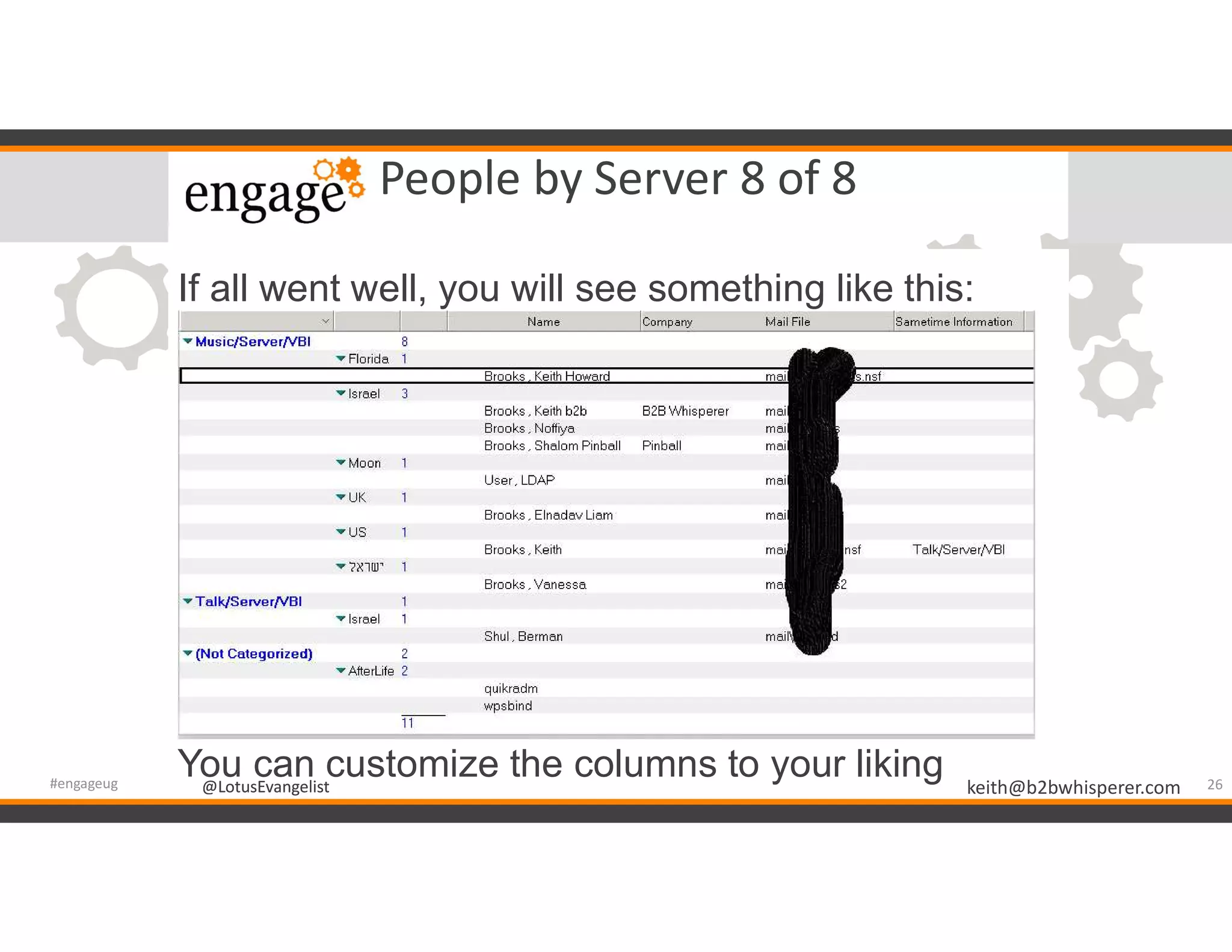 @LotusEvangelist keith@b2bwhisperer.com@LotusEvangelist
People by Server 8 of 8
If all went well, you will see something like this:
26#engageug
You can customize the columns to your liking
 