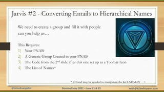 @LotusEvangelist keith@b2bwhisperer.com
DominoCamp 2021 – June 21 & 22
Jarvis #2 - Converting Emails to Hierarchical Names...