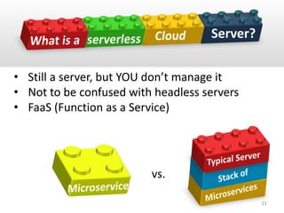 • Still a server, but YOU don’t manage it
• Not to be confused with headless servers
• FaaS (Function as a Service)
Server?
vs.
11
 