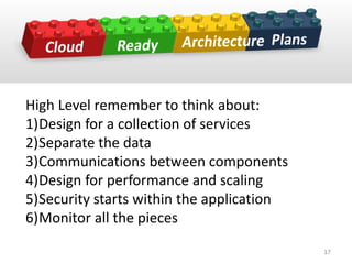 High Level remember to think about:
1)Design for a collection of services
2)Separate the data
3)Communications between components
4)Design for performance and scaling
5)Security starts within the application
6)Monitor all the pieces
17
 