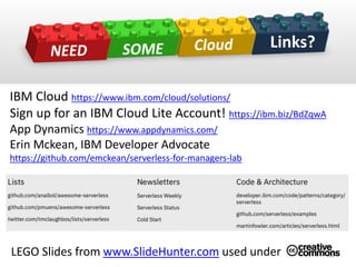 IBM Cloud https://www.ibm.com/cloud/solutions/
Sign up for an IBM Cloud Lite Account! https://ibm.biz/BdZqwA
App Dynamics https://www.appdynamics.com/
Erin Mckean, IBM Developer Advocate
https://github.com/emckean/serverless-for-managers-lab
Links?
19LEGO Slides from www.SlideHunter.com used under
 