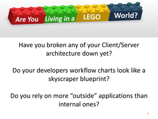 Have you broken any of your Client/Server
architecture down yet?
Do your developers workflow charts look like a
skyscraper blueprint?
Do you rely on more “outside” applications than
internal ones?
World?LEGO
4
 