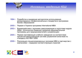 Инновации, введенные КБШ



1994 г. Разработка и внедрение методологии использования
        международных профессиональных стандартов в программах
        бизнес–образования
2000 г. Первая в Украине программа International MBA
2003 г. Взаимодействие с органами самоуправления в подготовке кадров
        (КБШ - исполнитель Киевской городской образовательной
        программы для предпринимателей и управленцев)
2004 г. Первая сертификация учебного заведения на соответствие
        процессов международной системе управления качеством по
        стандарту ISO 9001:2000
2009 г. Реализация специализированных программ МВА в партнерстве с
        компаниями – лидерами соответствующих отраслей




                                                                       4
 