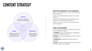 4
CONTENT STRATEGY
AUDIENCE
who is the audience &
what do they care about?
BRAND
where can the brand
provide value in an
authoritative way?
OPPORTUNITY
what could the
brand build equity
in and own?
CONTENT
VISION
QUESTIONS ANSWERED BY THIS FRAMEWORK:
• Who is the core audience for content and what are their
primary interests?
• How can we provide something of value for our target
audience?
• What does the landscape look like and where can the
brand carve out something to build equity in?
• What is the vision for content and how does that lend
itself to a platform?
USING THE FRAMEWORK:
Use each element of the Venn to guide the sections of your
content strategy like chapters:
1. AUDIENCE: Profiles including interests, demographics
and content consumption behaviors
2. BRAND: Brand identity language with a focus on value to
the audience
3. OPPORTUNITY: Competitive landscape and area of
opportunity
4. VISION: A headline and manifesto-like articulation of the
first three sections coming together
 