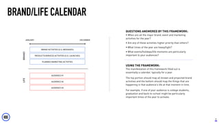 9
BRAND/LIFE CALENDAR
QUESTIONS ANSWERED BY THIS FRAMEWORK:
• When are all the major brand, event and marketing
activities for the year?
• Are any of these activities higher priority than others?
• What times of the year are heavy/light?
• What events/holidays/life moments are particularly
important to your audiences?
USING THE FRAMEWORK:
The manifestation of this framework filled out is
essentially a calendar, typically for a year.
The top portion should map all known and projected brand
activities and the bottom should map the things that are
happening in that audience’s life at that moment in time.
For example, if one of your audience is college students,
graduation and back-to-school might be particularly
important times of the year to activate.
BRAND ACTIVITIES (E.G. MESSAGES)
PRODUCTS/SERVICES ACTIVITIES (E.G. LAUNCHES)
AUDIENCE #2
AUDIENCE #3
JANUARY DECEMBER
AUDIENCE #1
PLANNED MARKETING ACTIVITIES
BRANDLIFE
 