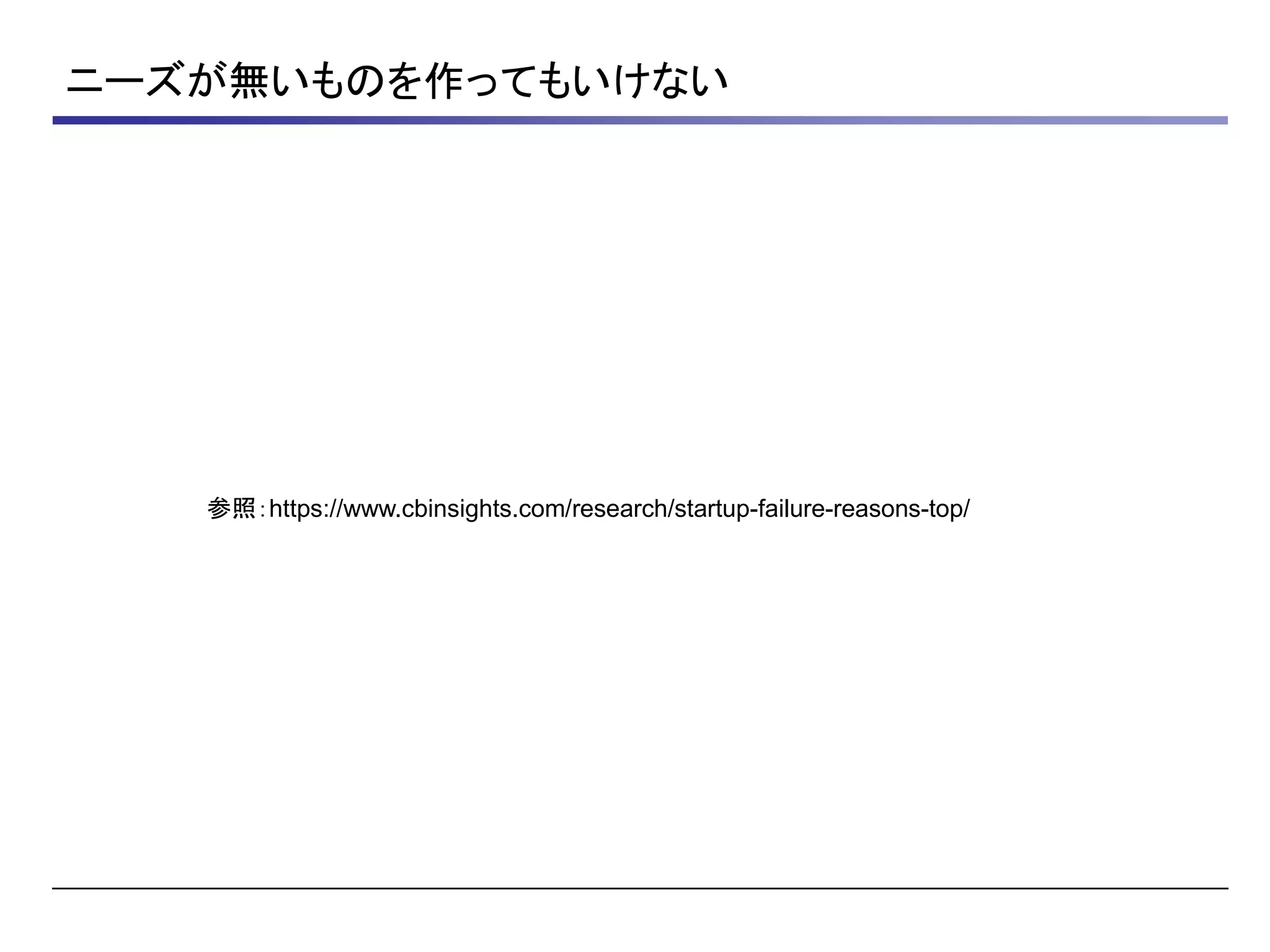 ニーズが無いものを作ってもいけない
参照：https://www.cbinsights.com/research/startup-failure-reasons-top/
 