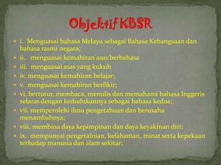  i. Menguasai bahasa Melayu sebagai Bahasa Kebangsaan dan
    bahasa rasmi negara;
   ii. menguasai kemahiran asas berbahasa
   iii. menguasai asas yang kukuh
   iv. menguasai kemahiran belajar;
   v. menguasai kemahiran berfikir;
   vi. bertutur, membaca, menulis dan memahami bahasa Inggeris
    selaras dengan kedudukannya sebagai bahasa kedua;
   vii. memperolehi ilmu pengetahuan dan berusaha
    menambahnya;
   viii. membina daya kepimpinan dan daya keyakinan diri;
   ix. mempunyai pengetahuan, kefahaman, minat serta kepekaan
    terhadap manusia dan alam sekitar;
 