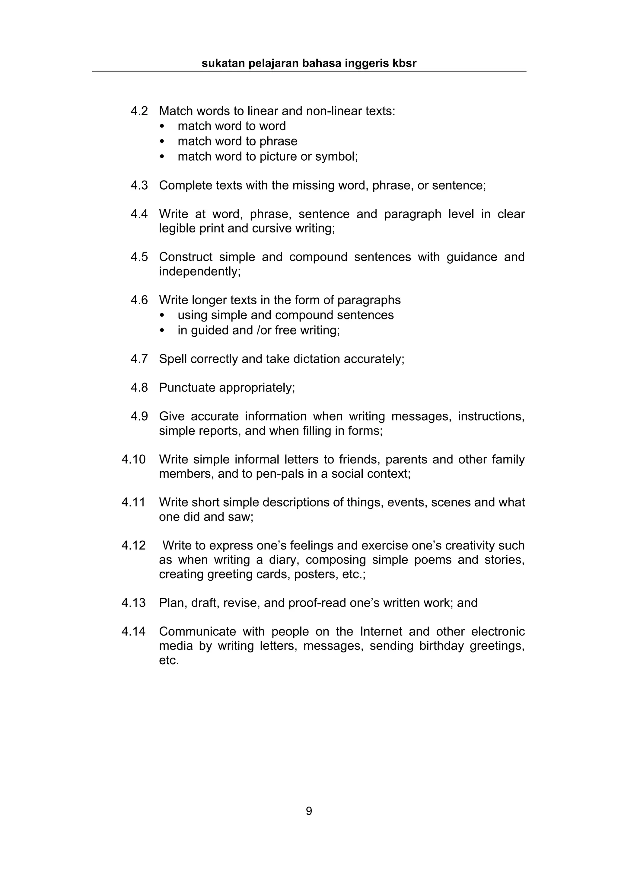 sukatan pelajaran bahasa inggeris kbsr



 4.2 Match words to linear and non-linear texts:
     • match word to word
     • match word to phrase
     • match word to picture or symbol;

 4.3 Complete texts with the missing word, phrase, or sentence;

 4.4 Write at word, phrase, sentence and paragraph level in clear
     legible print and cursive writing;

 4.5 Construct simple and compound sentences with guidance and
     independently;

 4.6 Write longer texts in the form of paragraphs
     • using simple and compound sentences
     • in guided and /or free writing;

 4.7 Spell correctly and take dictation accurately;

 4.8 Punctuate appropriately;

 4.9 Give accurate information when writing messages, instructions,
     simple reports, and when filling in forms;

4.10   Write simple informal letters to friends, parents and other family
       members, and to pen-pals in a social context;

4.11   Write short simple descriptions of things, events, scenes and what
       one did and saw;

4.12    Write to express one’s feelings and exercise one’s creativity such
       as when writing a diary, composing simple poems and stories,
       creating greeting cards, posters, etc.;

4.13   Plan, draft, revise, and proof-read one’s written work; and

4.14   Communicate with people on the Internet and other electronic
       media by writing letters, messages, sending birthday greetings,
       etc.




                                  9
 