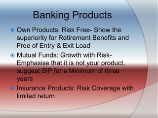 Banking ProductsOwn Products: Risk Free- Show the superiority for Retirement Benefits and Free of Entry & Exit LoadMutual Funds: Growth with Risk- Emphasise that it is not your product, suggest SIP for a Minimum of three yearsInsurance Products: Risk Coverage with limited return